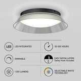 Round ceiling light fixture with a black rim and white diffuser, shown above six feature icons highlighting LED integration, 50,000-hour lifespan, dimmable, 1200 lumens, easy installation, and selectable white technology.