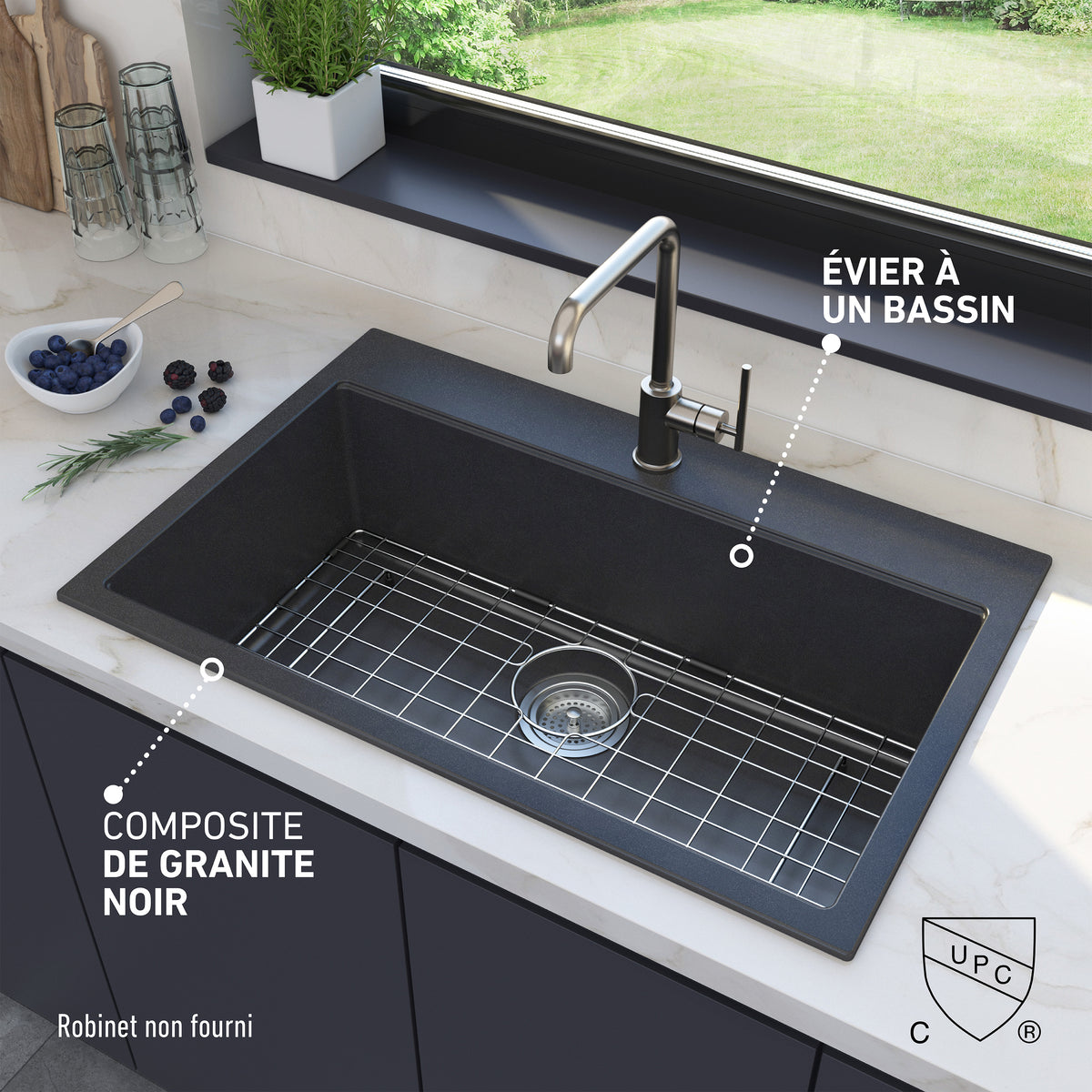 Artika Baycrest 31 in. modern black granite sink with grid; features French highlights for stylish, functional kitchens.