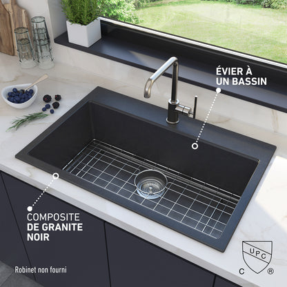 Artika Baycrest 31 in. modern black granite sink with grid; features French highlights for stylish, functional kitchens.