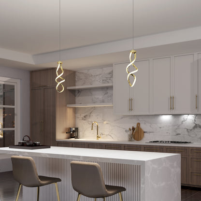 Modern kitchen with marble countertops and backsplash, two beige bar stools at a white island, gold spiral pendant lights, and wooden cabinets with gold hardware. Warm lighting creates a cozy, elegant atmosphere.