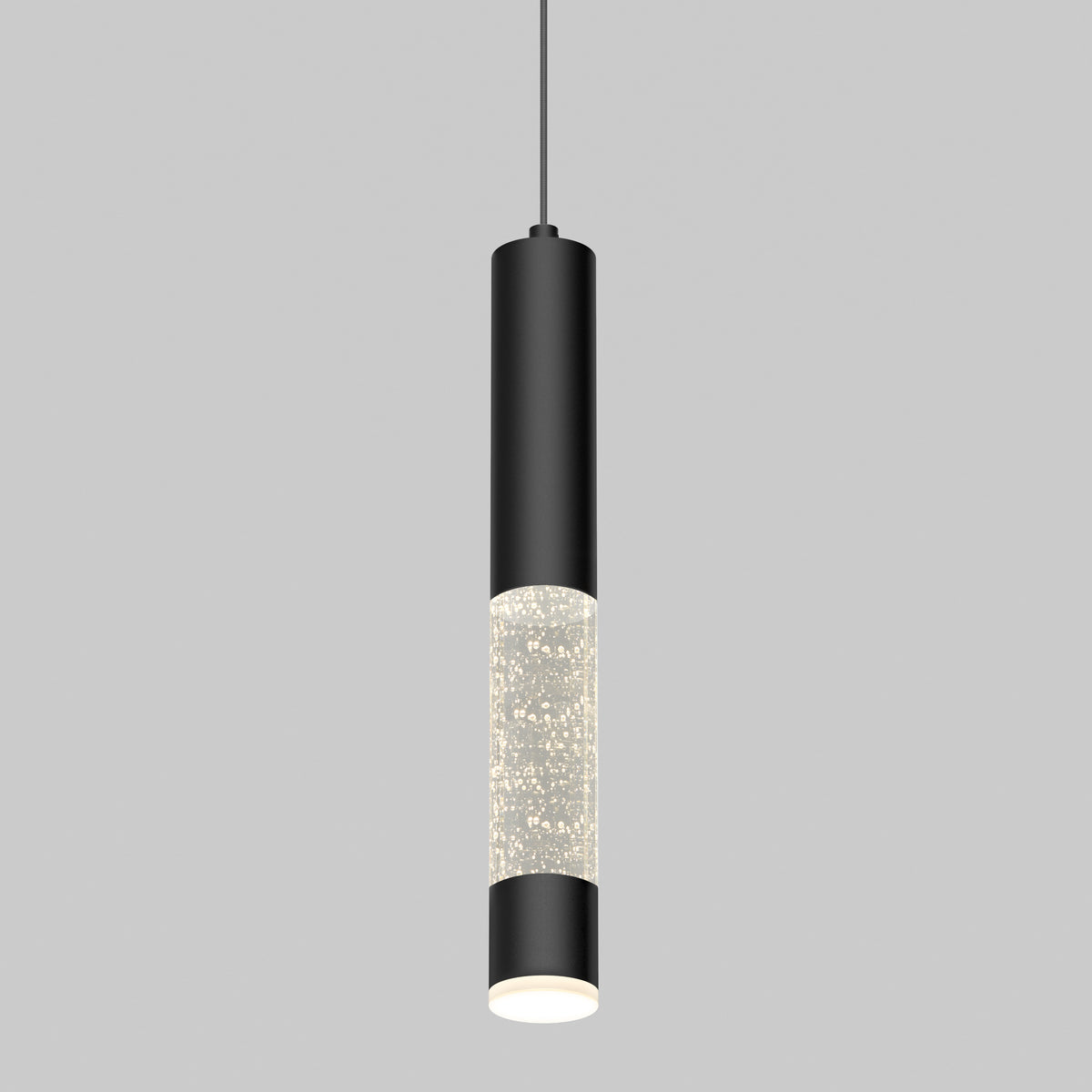 The Artika Mist LED pendant light features a cylindrical design with a matte black top and bottom, a bubble-filled middle section, and hangs from a thin black cord against a plain gray background.