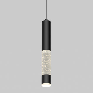 The Artika Mist LED pendant light features a cylindrical design with a matte black top and bottom, a bubble-filled middle section, and hangs from a thin black cord against a plain gray background.