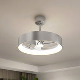 A modern ceiling light fixture with a circular metal frame and built-in fan blades, mounted on a white ceiling in a contemporary room. The fixture has a sleek, minimalist design and emits a soft, even light.