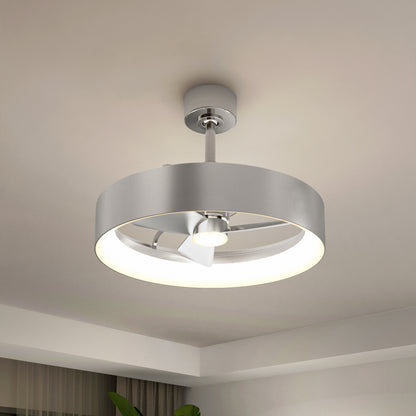 A modern ceiling light fixture with a circular metal frame and built-in fan blades, mounted on a white ceiling in a contemporary room. The fixture has a sleek, minimalist design and emits a soft, even light.