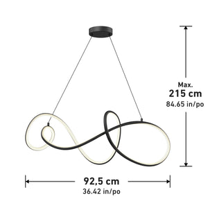 The Siena modern LED pendant light by Artika features a looping black and white abstract design, suspended from a round ceiling mount. It measures 92.5 cm wide with a max height of 215 cm and offers 5 CCT options.