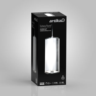Black product box for the Artika Subway Round Mini LED pendant light, showing an image of the cylindrical fixture on the front and white product details.