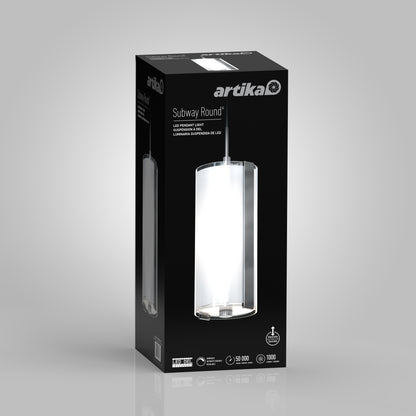 Black product box for the Artika Subway Round Mini LED pendant light, showing an image of the cylindrical fixture on the front and white product details.