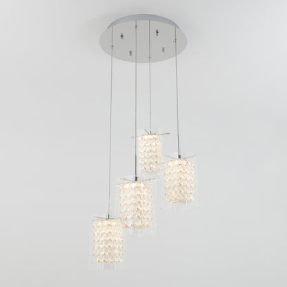 The Artika Crystal Cube 4-light LED pendant features four cylindrical lights, each in clear textured glass, suspended at varied lengths from a round metallic base for a modern look.