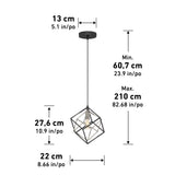 A geometric pendant light with a black cube-shaped frame, shown with measurements: 13 cm canopy, 22 cm width, 27.6 cm height, adjustable hanging length from 60.7 cm to 210 cm. Measurements in cm and inches.