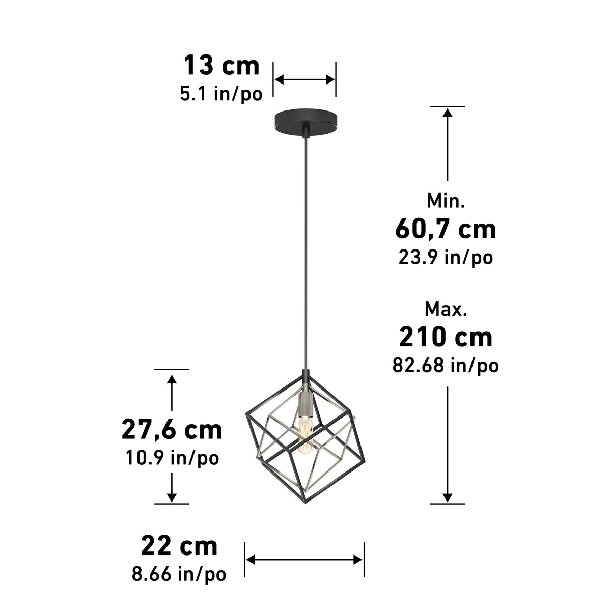 The Artika Imperium Single pendant light features a black metal cube frame, 22 cm (8.66 in) wide, 27.6 cm (10.9 in) high, with a 13 cm (5.1 in) canopy and adjustable drop from 60.7 cm (23.9 in) to 210 cm (82.68 in).