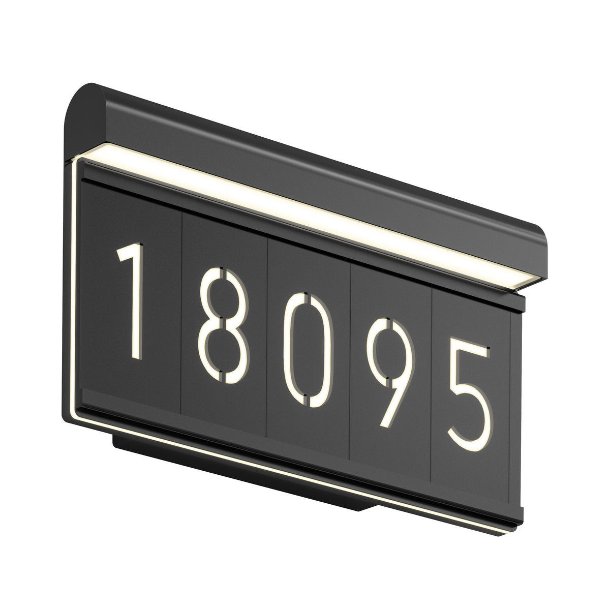 A modern, rectangular black address plaque with the numbers 18095 illuminated in white, mounted on a wall with integrated LED lighting along the top edge.