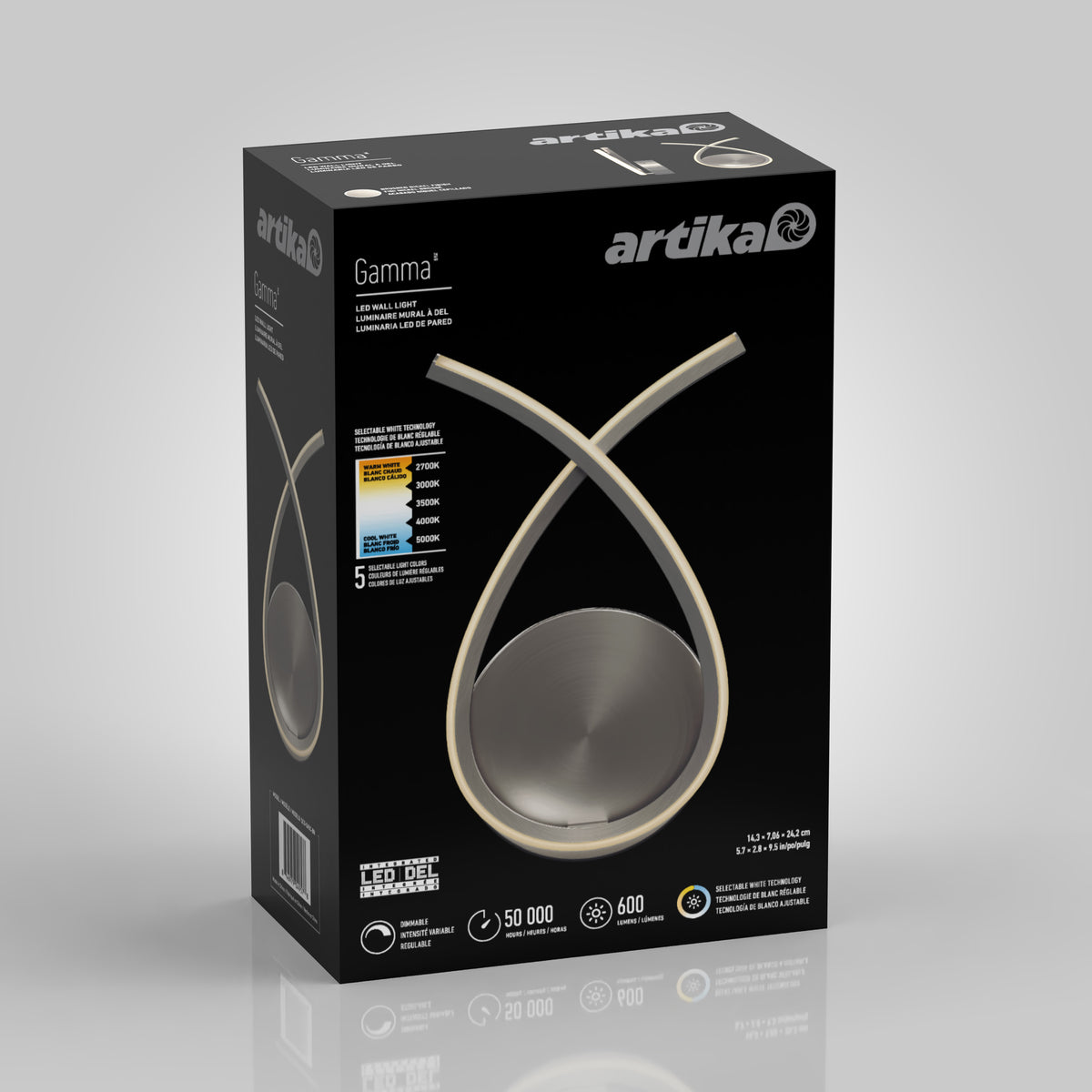 Black box packaging for the Artika Gamma LED table lamp, featuring a modern looped design lamp image, product specifications, and brand logo on a light gray background.