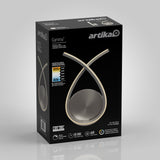 Black box packaging for the Artika Gamma LED table lamp, featuring a modern looped design lamp image, product specifications, and brand logo on a light gray background.