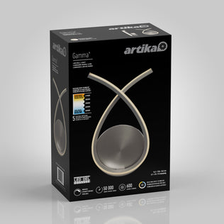 Black box packaging for the Artika Gamma modern LED wall sconce 5 CCT, showing an image of the sleek fixture along with product details, energy rating, and key specifications on the front and sides.