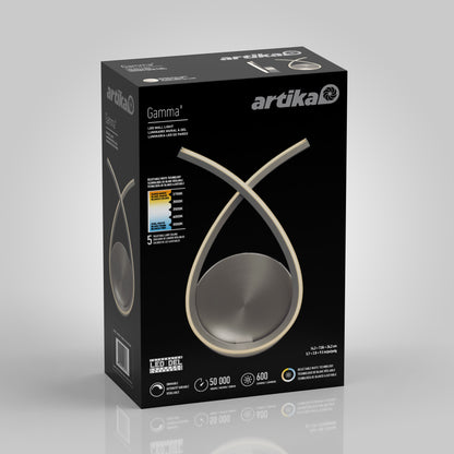Black box packaging for the Artika Gamma modern LED wall sconce 5 CCT, showing an image of the sleek fixture along with product details, energy rating, and key specifications on the front and sides.
