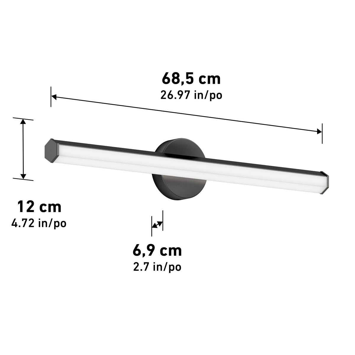 A wall-mounted LED light fixture with measurements: 68.5 cm (26.97 in) wide, 12 cm (4.72 in) tall, and 6.9 cm (2.7 in) deep, shown with dimension arrows for reference.