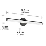 A wall-mounted LED light fixture with measurements: 68.5 cm (26.97 in) wide, 12 cm (4.72 in) tall, and 6.9 cm (2.7 in) deep, shown with dimension arrows for reference.