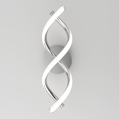A modern wall sconce with two intertwined LED light tubes, one metallic and one glowing white, mounted on a round silver base against a plain light gray background.