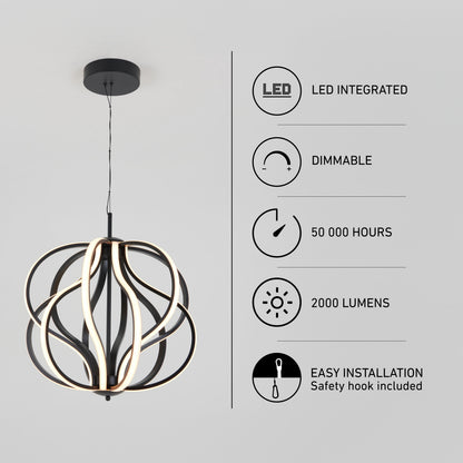 Meridian LED pendant light with dimmable brightness, 2000 lumens, a 50,000-hour lifespan, and easy installation for energy-efficient lighting.