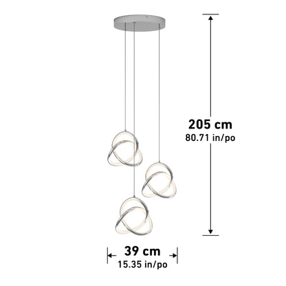 The Zephyr 3-light LED pendant by Artika features three intertwined LED rings at varying heights. The fixture is 205 cm (80.71 in) tall and 39 cm (15.35 in) wide, with lines and arrows marking its dimensions.