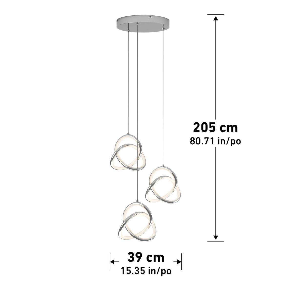 Modern pendant light fixture with three intertwined, circular LED lights hanging from a round ceiling mount. The height is 205 cm (80.71 in) and the width is 39 cm (15.35 in).