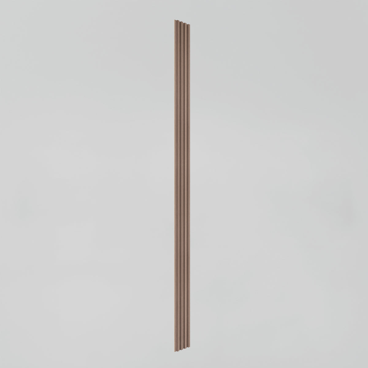 A single thin, vertical wooden slat with grooves, centered against a plain, light grey background.