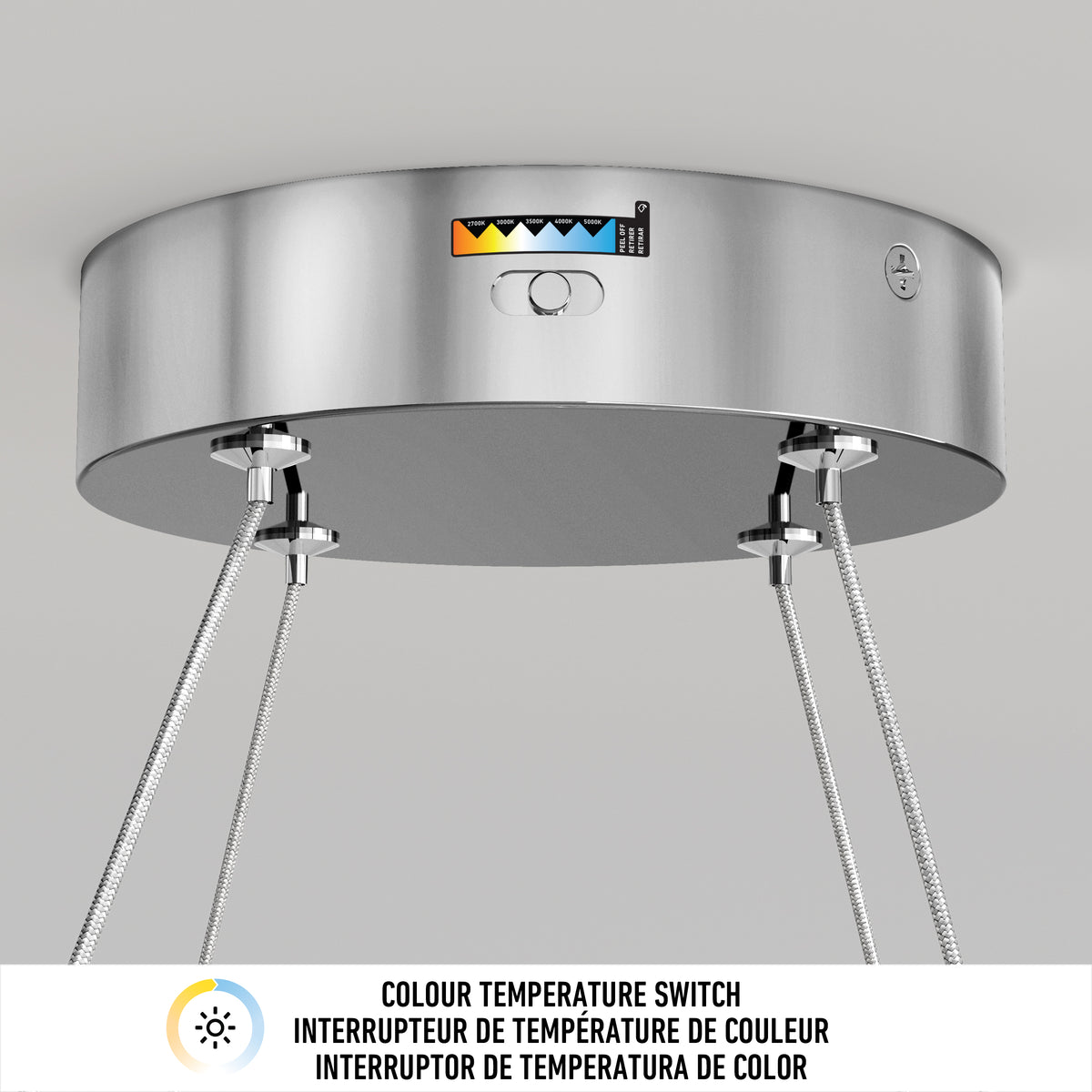 Close-up of Artika Mora 28″ LED Pendant with adjustable wires and 5CCT color temperature switch label.