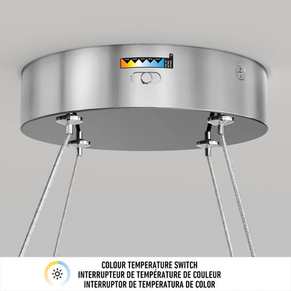 Close-up of Artika Mora 28″ LED Pendant with adjustable wires and 5CCT color temperature switch label.