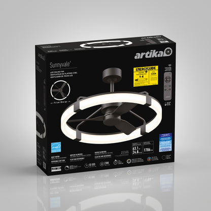 Box of the Artika Sunnyvale 28 in. LED modern ceiling fan, featuring a circular light with internal blades, remote control for adjustable lighting, Energy Guide label, and key features shown on the packaging.