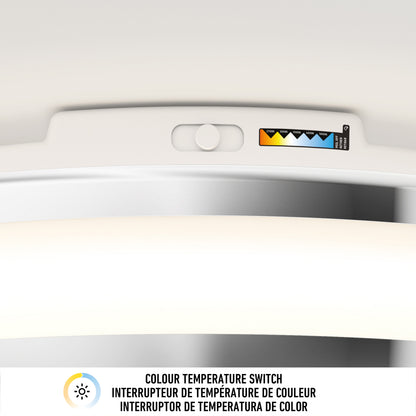 Close-up of the colour temperature switch on the Artika Hemisphere 15 in. LED flush mount light 5 CCT, with a label for yellow, white, and blue settings. "Colour Temperature Switch" is displayed in three languages—ideal for adjustable brightness.