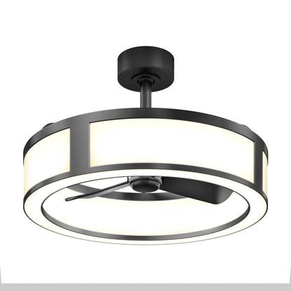 The Artika Huxley 23 in. LED modern ceiling fan features a circular black metal frame, three black blades inside the ring, integrated LED light, and offers 3 speeds on a short downrod.