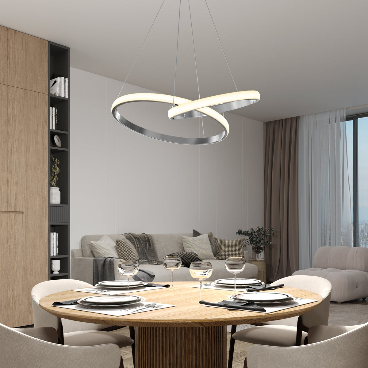 Modern dining with a round table, four settings, and the Artika Mora 28″ LED Pendant overhead. Sofa and shelves in the background.