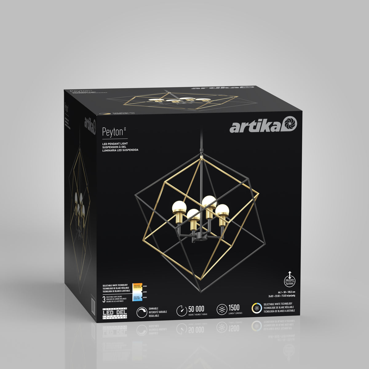 A black Artika box featuring the Peyton 4 LED pendant light with a geometric gold and black frame, shown illuminated. Product details and energy efficiency icons are visible on the front.