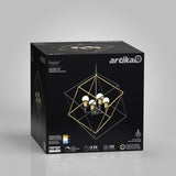 A black Artika box featuring the Peyton 4 LED pendant light with a geometric gold and black frame, shown illuminated. Product details and energy efficiency icons are visible on the front.