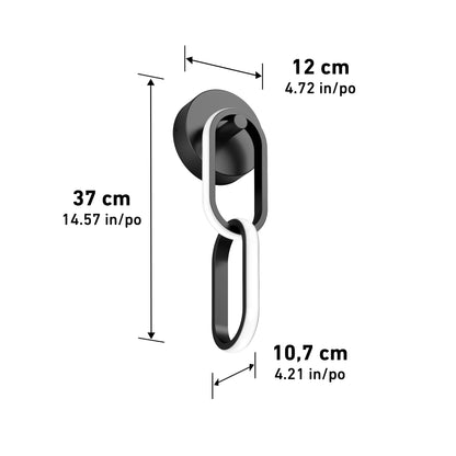 3D render of the Artika Catena modern LED wall sconce 5 CCT, showing dimensions: 37 cm (14.57 in) tall, 12 cm (4.72 in) wide, and 10.7 cm (4.21 in) deep, with a circular base and elongated linked shapes.
