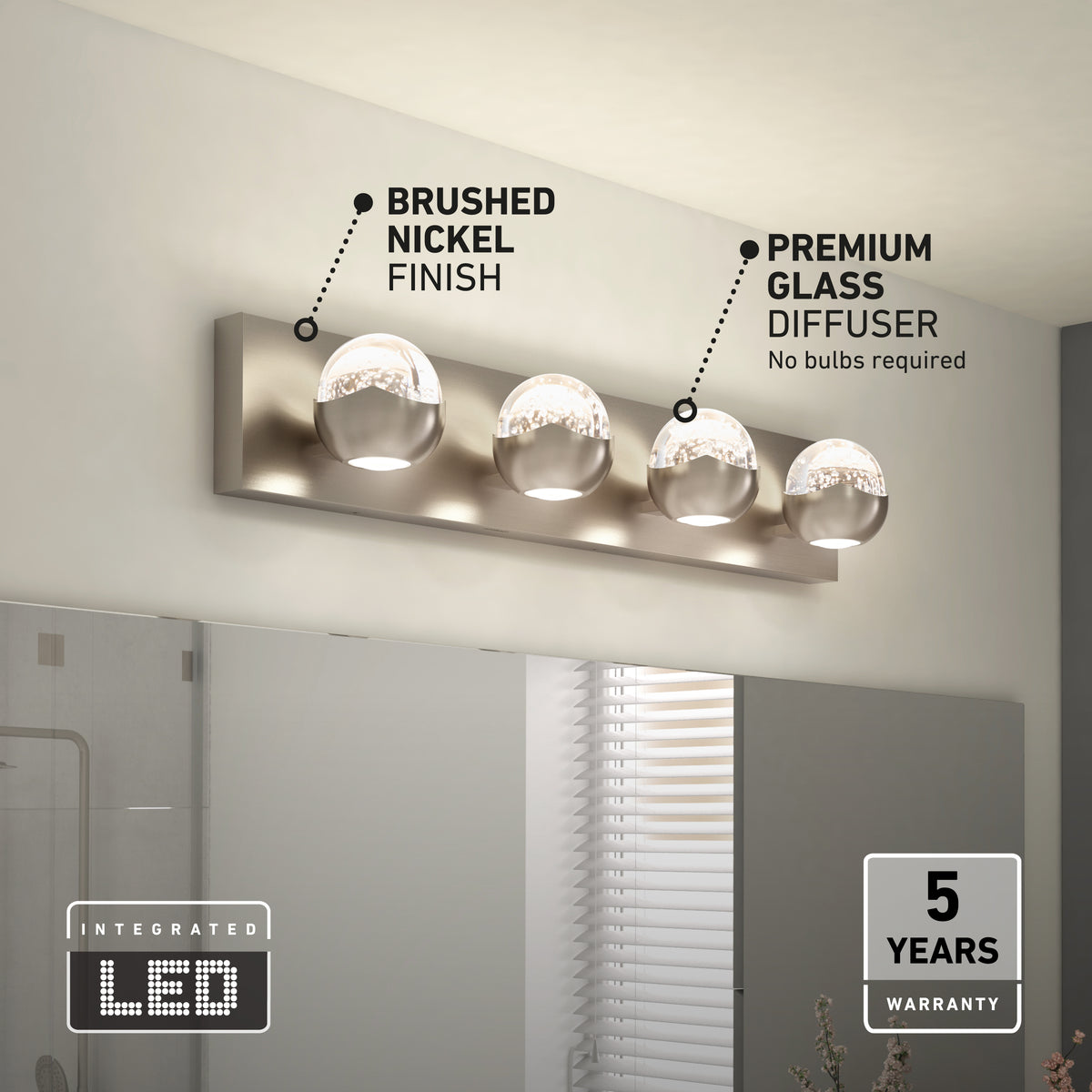 Modern bathroom vanity light fixture with four round glass diffusers, a brushed nickel finish, and integrated LED technology. Text highlights features: “Brushed nickel finish,” “Premium glass diffuser,” and “5 years warranty.”.