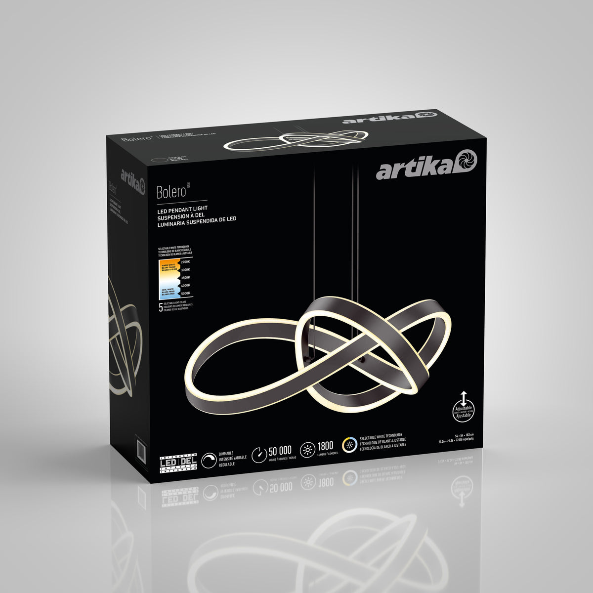 Black box packaging for the Artika Bolero LED pendant light, featuring an image of the modern, intertwined ring-shaped light fixture, key features, and branding on a gradient gray background.