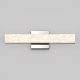 A modern wall-mounted light fixture with a rectangular, textured frosted glass shade and a shiny metallic base, set against a plain light gray background.