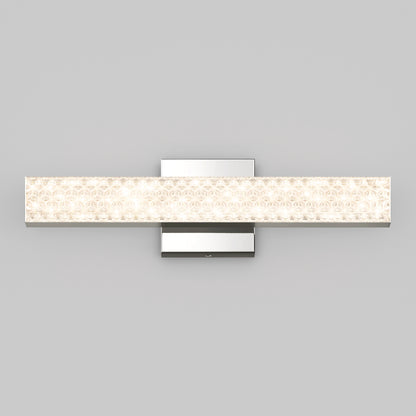 The Artika Adeline modern LED bathroom vanity light 3 CCT features a rectangular textured glass shade and polished chrome base, wall-mounted against a plain gray background, emitting a soft, even glow.
