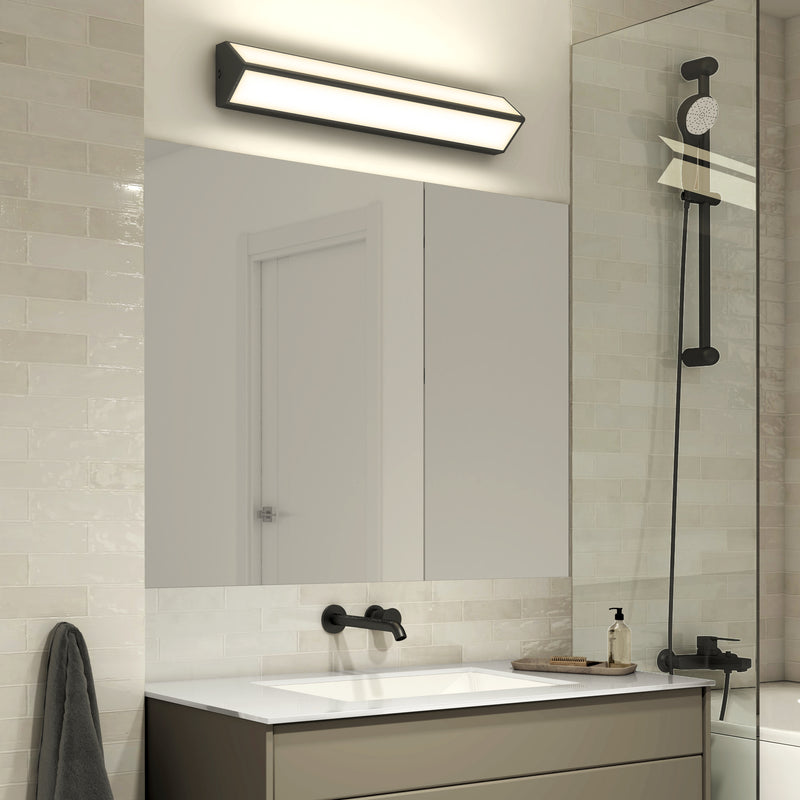 Modern bathroom with a white sink, large mirror, and Artika Preston 27-in LED vanity light bar reflected in the mirror.