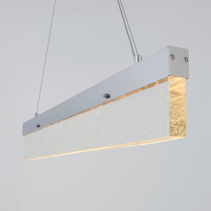 The Artika Essence Bar LED pendant light features a modern rectangular silver frame and a frosted acrylic diffuser with small bubbles, suspended by two cables against a plain light gray background.
