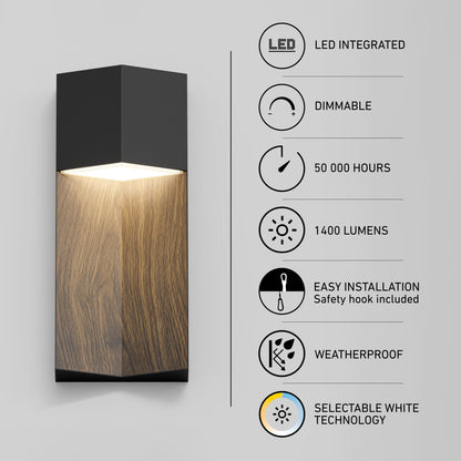 The Artika Howel modern LED indoor-outdoor wall light 5 CCT features a wood and black finish, integrated dimmable LED, 1400 lumens, 50,000-hour lifespan, easy installation, weatherproof design, and selectable white technology.