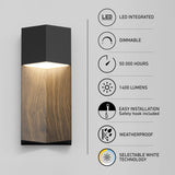 Modern wall sconce with wood and black finish, illuminated. Next to it, icons and text highlight features: LED integrated, dimmable, 50,000 hours, 1400 lumens, easy installation, weatherproof, selectable white technology.