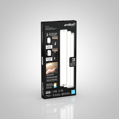 Artika Maestro under cabinet LED light 3CCT box displays three bright light bars on the front and highlights easy installation, 3x brightness, and included installation instructions.