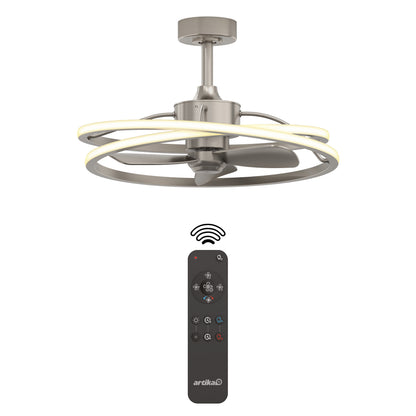 The Artika Coda 23 in. LED modern ceiling fan features curved light rings and a metallic finish. This sleek fan includes a matching remote control for easy wireless operation.