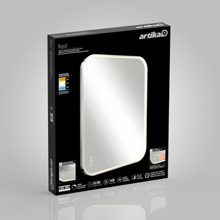 A black Artika box showcases the Royce Dimmable LED Mirror, 3 CCT, mountable horizontally or vertically, with touch controls and a defogger. Features are shown in white text/icons on the front; instructions and images appear on the side.