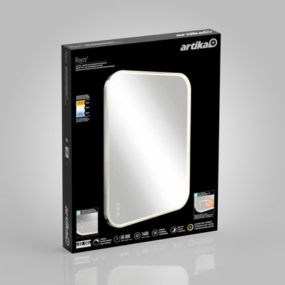 A black box displays an Artika Royse LED mirror with rounded edges. The packaging shows the illuminated mirror, touch controls, product features, and small instructional images.