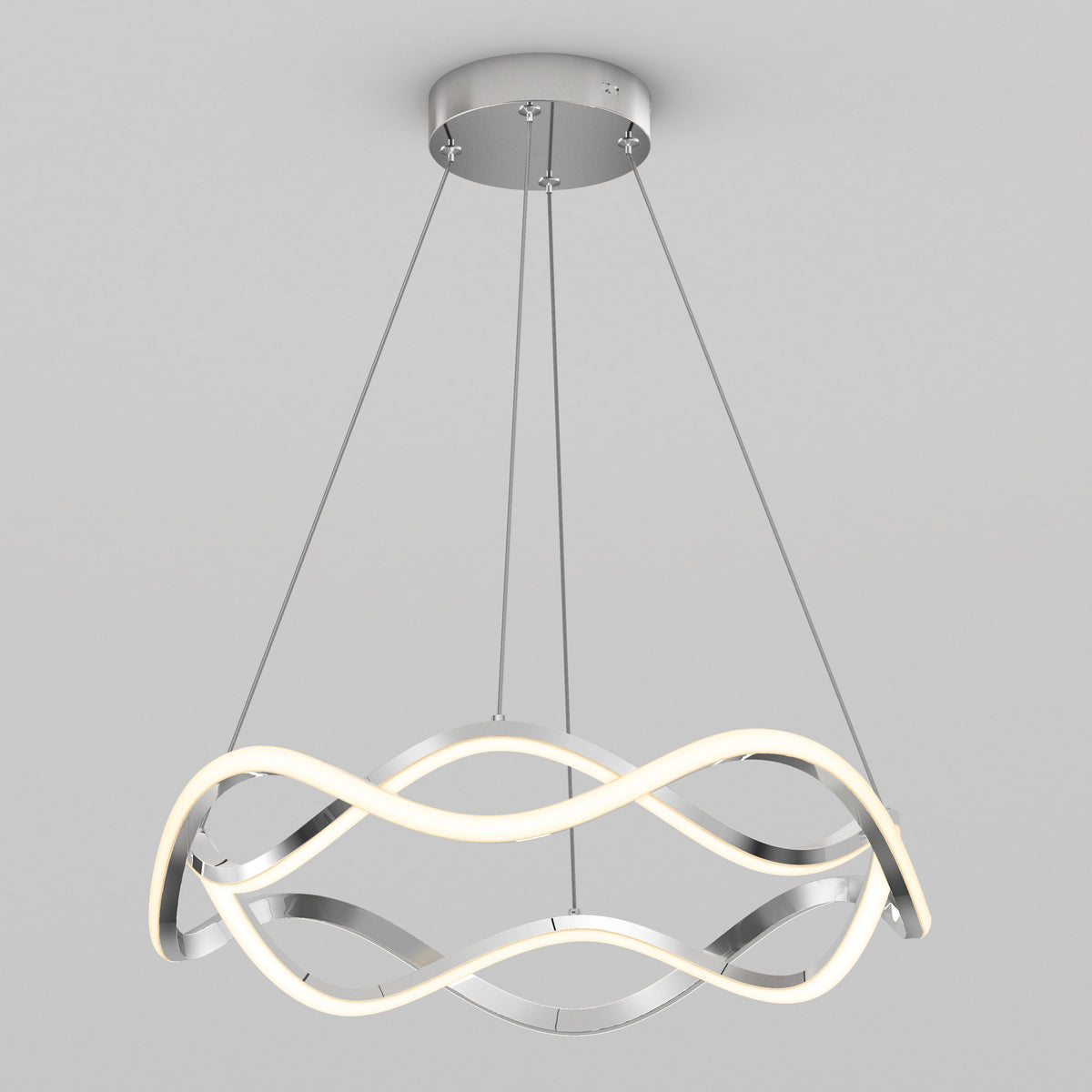 A modern, circular ceiling light fixture with a wavy LED design, suspended by four thin cables from a round metallic base against a plain white ceiling.