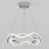 A modern, circular ceiling light fixture with a wavy LED design, suspended by four thin cables from a round metallic base against a plain white ceiling.