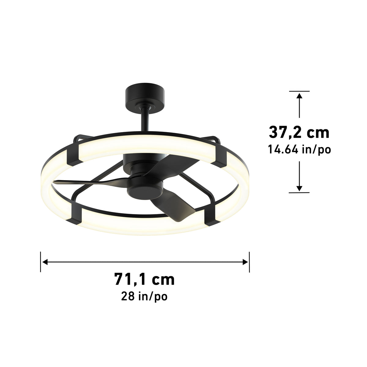 The Artika Sunnyvale 28 in. LED modern ceiling fan features a circular LED light ring, three blades, remote control operation, short downrod mount, and measures 71.1 cm wide by 37.2 cm tall.